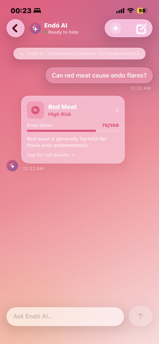 An Endó AI conversation answering whether red meat can cause endo flares.