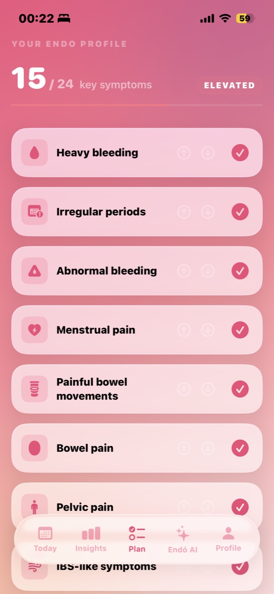 The endo profile screen, listing logged symptoms such as heavy bleeding, irregular periods and pelvic pain.