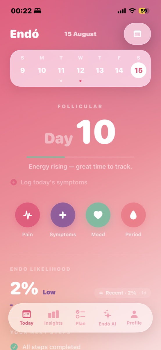 The Today screen, showing cycle day 10 in the follicular phase with quick buttons to log pain, symptoms, mood and period.